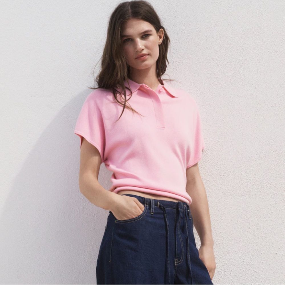 Mango L Pink Short Sleeve Polo Neck Fine Knit Sweater